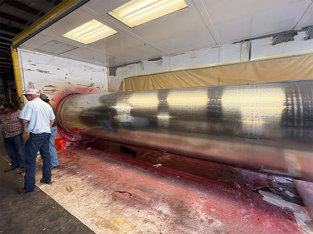 Barrel-only tank from Poly-Coat Systems inside the manufacturing facility during fabrication.